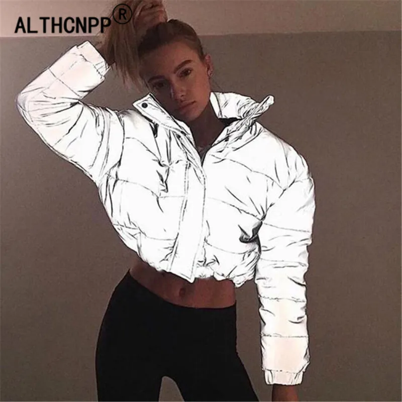 

Reflective Silver Winter Jacket Women Padded Winter Coat Luminous Collar Zipper Oversize Loose Outwear Parkas Veste Hiver Femme