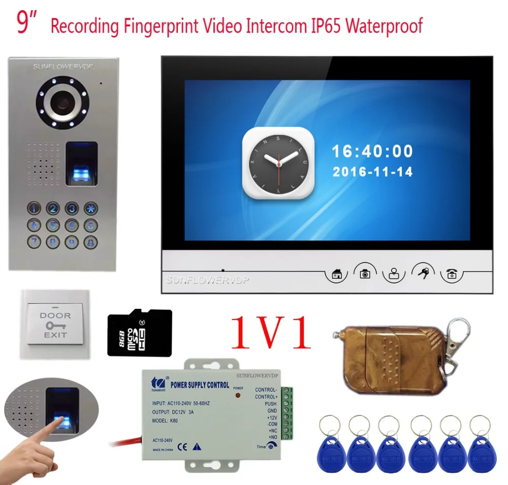 

Video Recording Video Phone 9" Color Monitor Intercom With Video Camera Fingerprint/Rfid/Code Keypad Call Panel+Remote Control