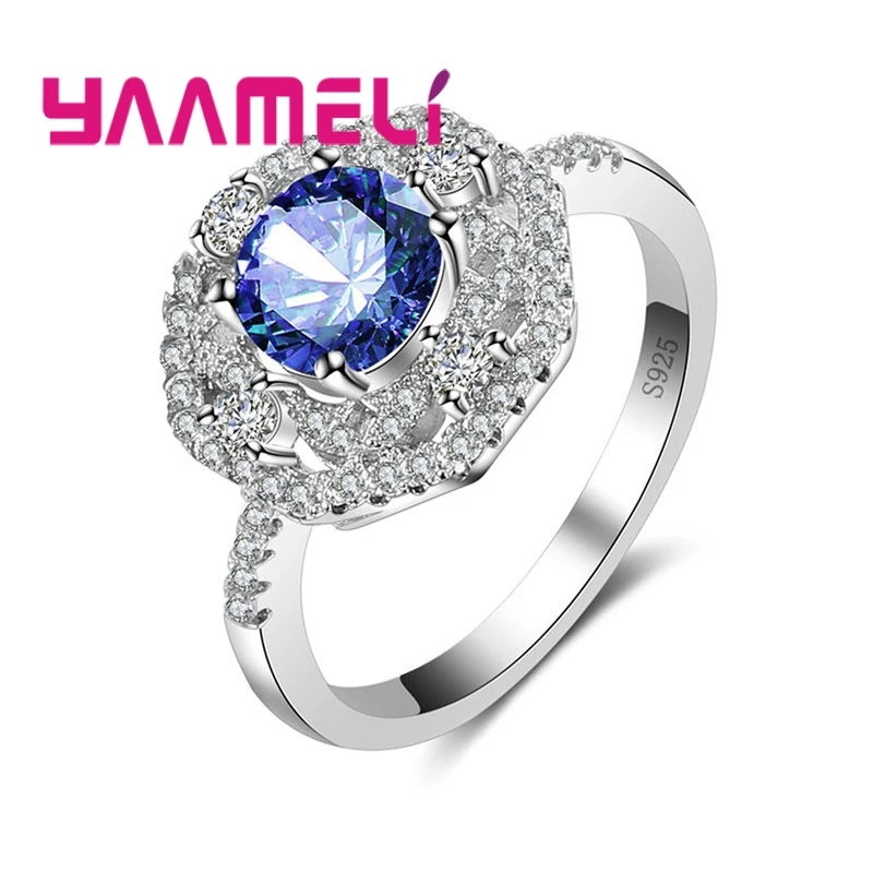Привлекательное Новое модное роскошное круглое обручальное кольцо для женщин AAAAA Циркон CZ 925 пробы Серебряное женское кольцо - Цвет основного камня: BLUE