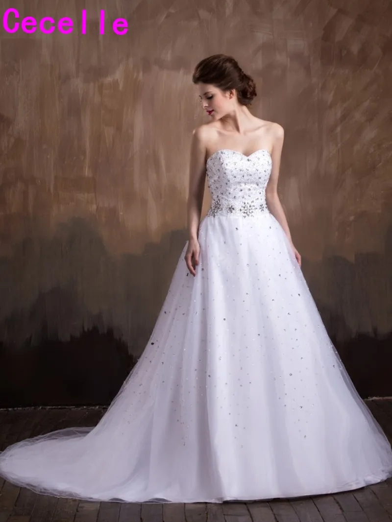 Sparkle A Line Sweetheart Beaded Crystals Tulle font b Wedding b font Dresses Bling White Glamorous