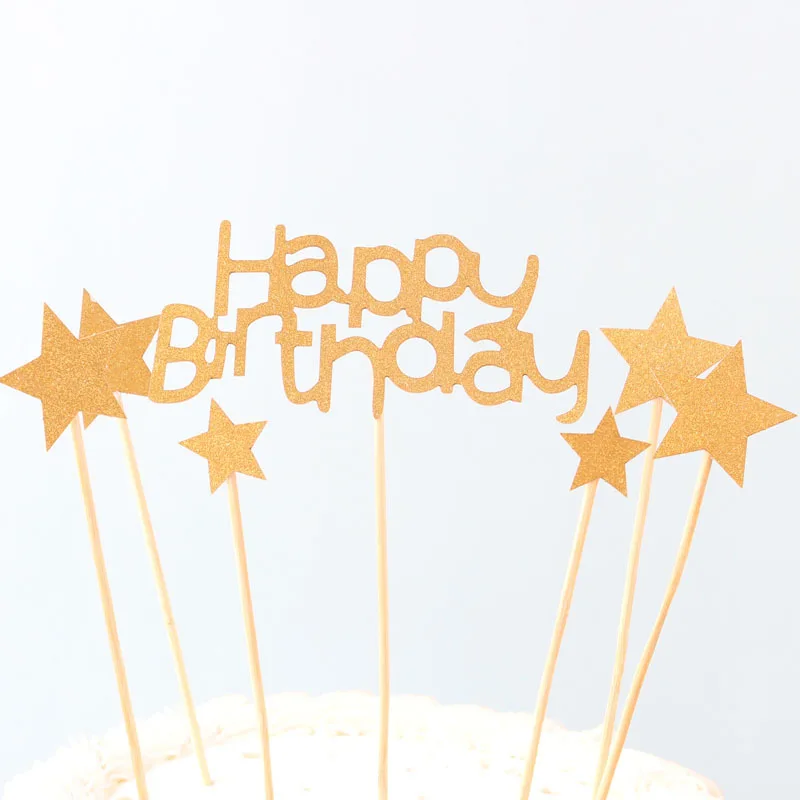 

7pcs Happy Birthday Cupcake Topper Gold Black Star Paper Cake Topper For Girls Birthday Kids Party Cake Decorations Baby Shower