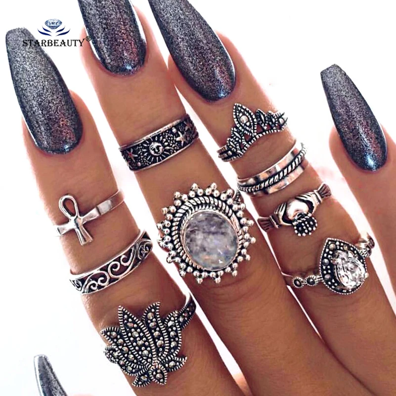 

Lotus 9pcs/lot Bohemia Crown Thin Fingers Knuckle Ring Toe Ring Set Crystal Wedding Ring Set Midi Toe Rings for Women Jewelry