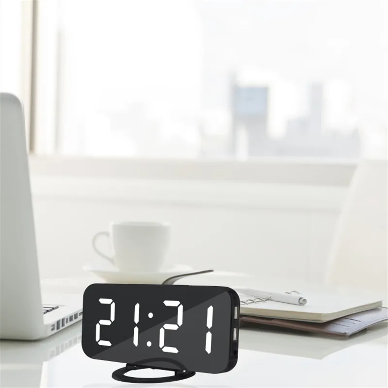 

Multifunction LED Mirror Alarm Art Digital Wall Clock Port Modern Mirrored Electronic Snooze Analog Table Clock Phone Charging