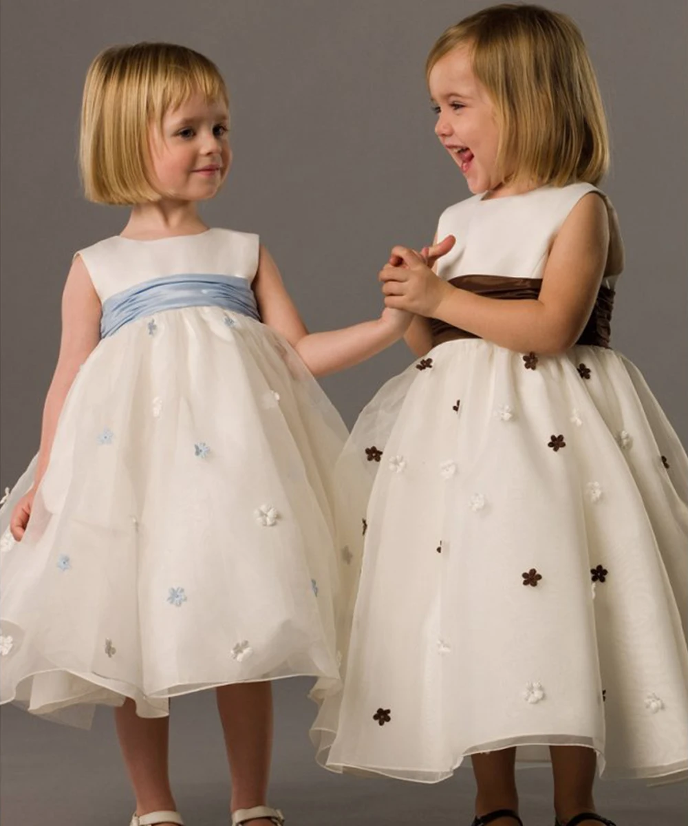 

New Arrival Pageant Dresses for Girl Appliques O-Neck Ball Gown Flower Girl Dresses Tea length Wedding Dress Vestidos Longo
