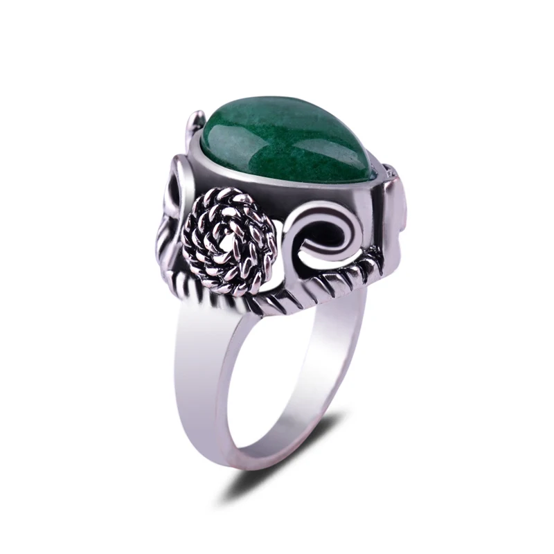 Женское Нефритовое каменное кольцо, античное серебряное кольцо в форме цветка, кольцо в форме капли воды с зеленым драгоценным камнем, размер на выбор, винтажные мужские кольца на палец - Цвет камня: Green Jade