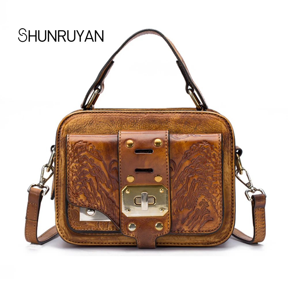 

SHUNRUYAN New Women's National vintage craft wipe color leather Simple Shoulder Messenger Bag Portable Small Square Package