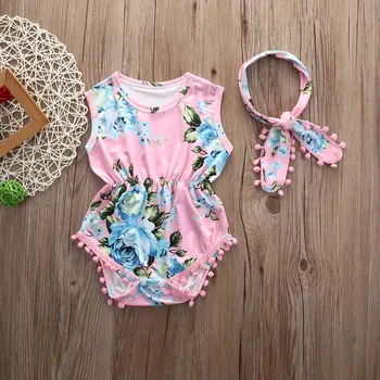 

Newborn Baby Girls Floral Bodysuit Headband Sets 2017 Tassels Sleeveless Summer Tops Sunsuit Headwear Clothes Infant Outfits