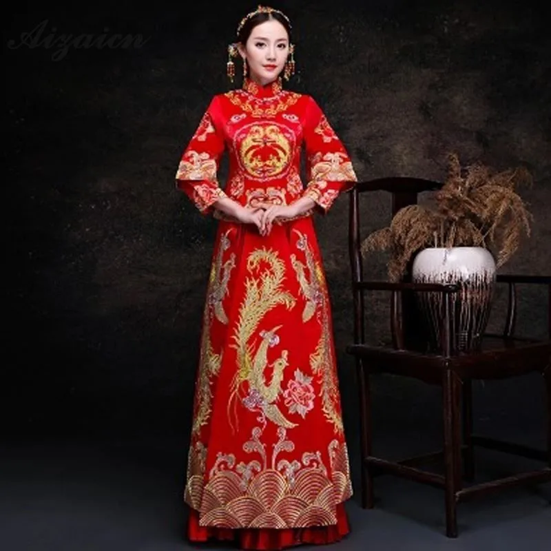 2019 Новое красное китайское свадебное платье Qipao Продвижение оригинальный стиль Ретро Феникс Ципао Длинные платья Qi Pao женское свадебное