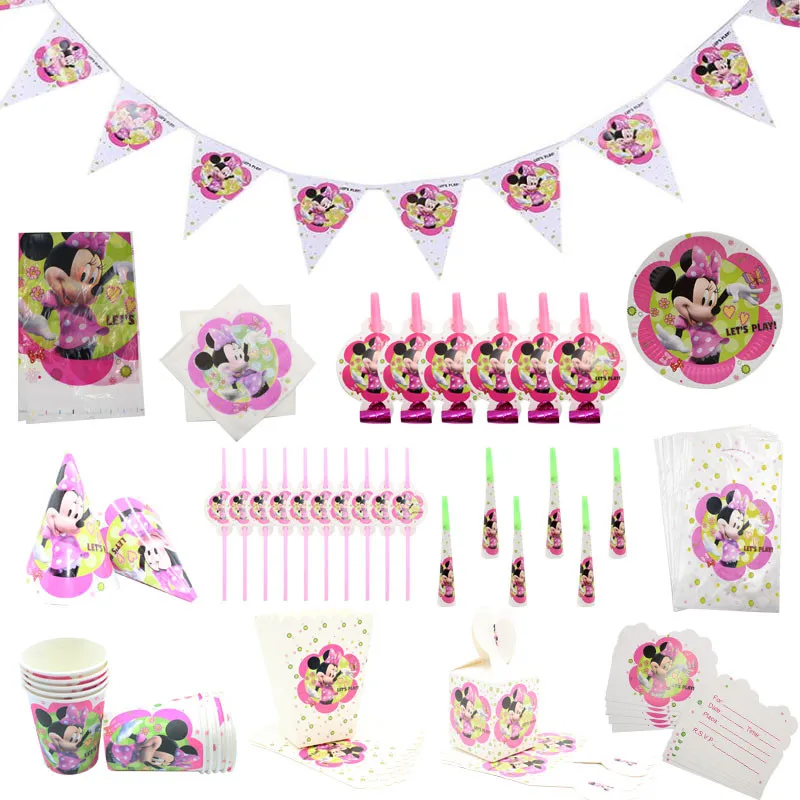 Минни Маус День рождения украшения для девочек розовые вечерние принадлежности одноразовая посуда чашка салфетка тарелка детский душ