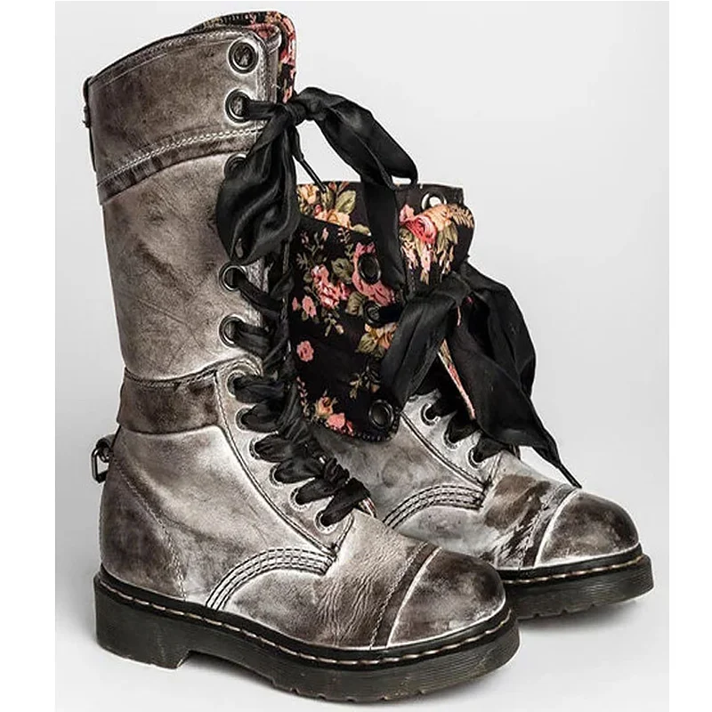 Для женщин сапоги большой размер 43, на шнуровке, с цветочным принтом обувь из искусственной pu кожи; женские нескользящие ботинки на резиновой подошве для Для женщин ботинки в стиле ретро; удобные ботинки «мартенс»