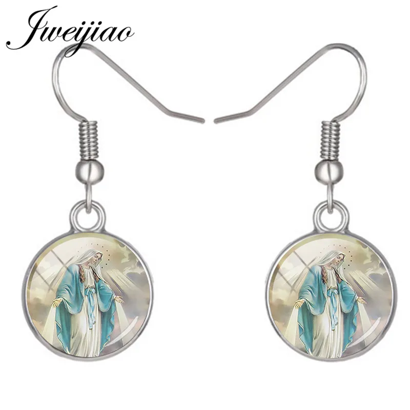 

JWEIJIAO Virgin Mary Dangle Earrings The Feast of the Assumption Art Picture Glass Drop Earrings Catholic Religious Jewelry AS10