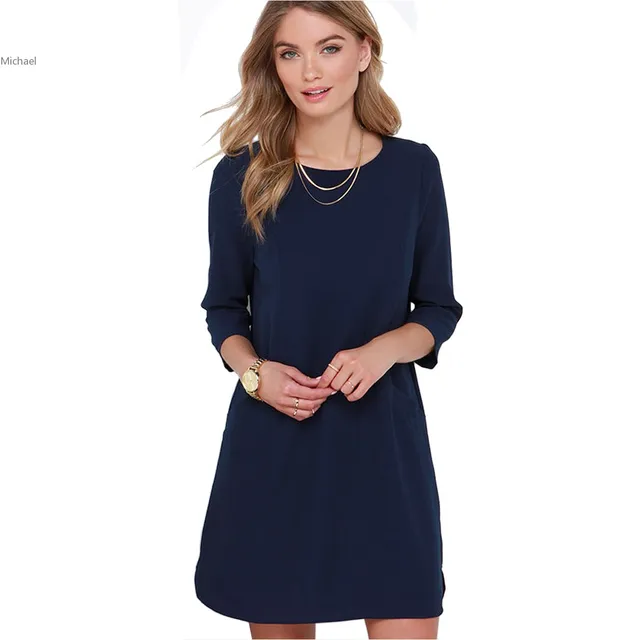 Women Summer Style Mini Shift Dresses Beautiful Navy Blue 3/4 Sleeve ...