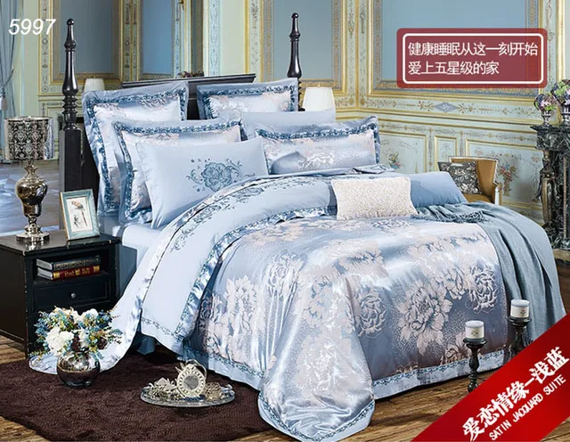 Golden yellow silk bed set Jacquard satin bedding set embroidery AB