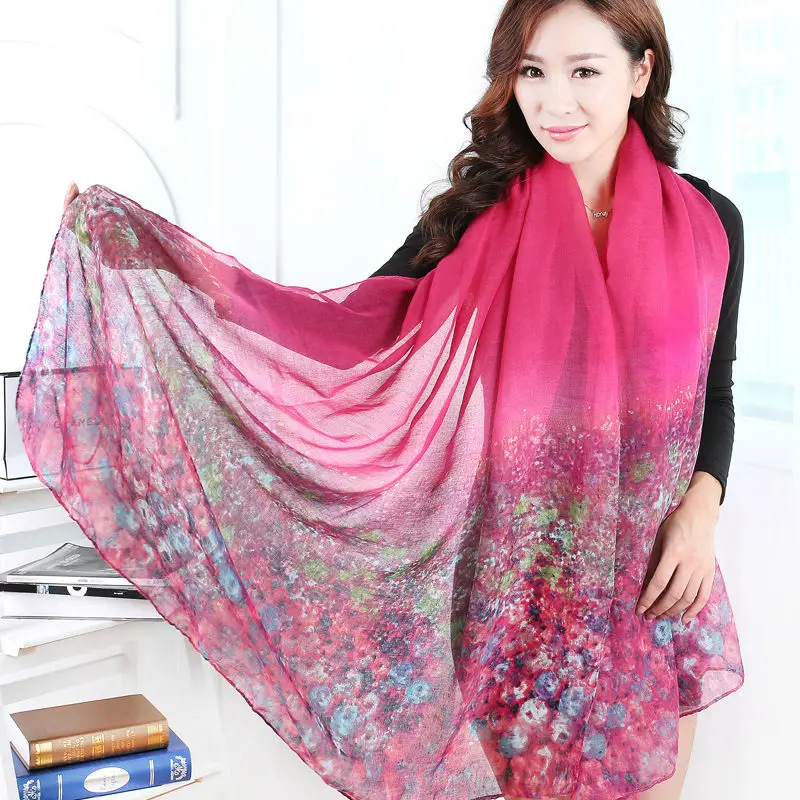 Chiffon Scarf Women Voile Wrap Scarves Gradient Color Idyllic Flower ...