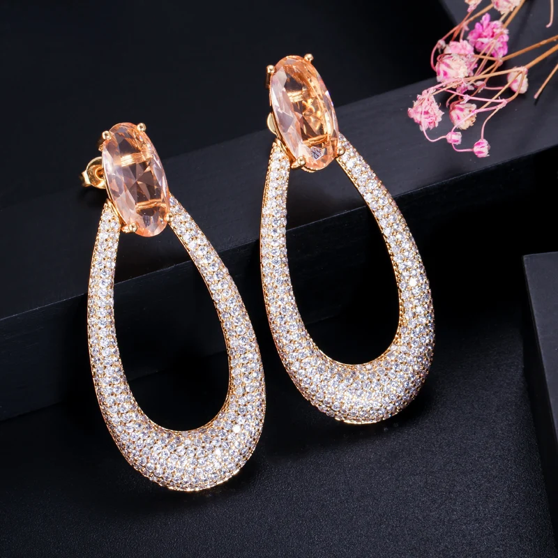 CWWZircons Yellow Gold Color Micro Pave Cubic Zirconia Stone Long Round Drop Earrings Engagement Wedding Party Jewelry  CZ583
