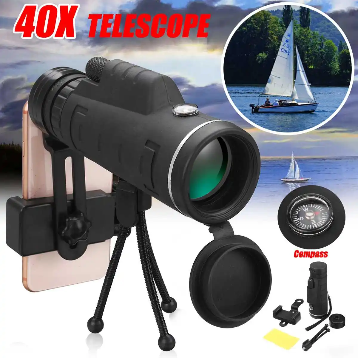 

Ultra HD Black 40x/16x Outdoor Optical Lens Telescope With-compass +Tripod+ Phone Clip For Outdoor Hiking Claiming Camping Sport