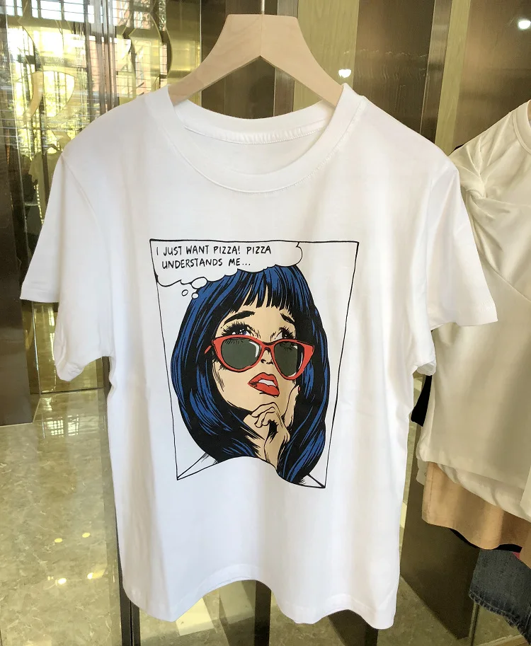 

women White cotton round neck short-sleeve retro T-shirt Tee female t-shirt summer top lady pattern