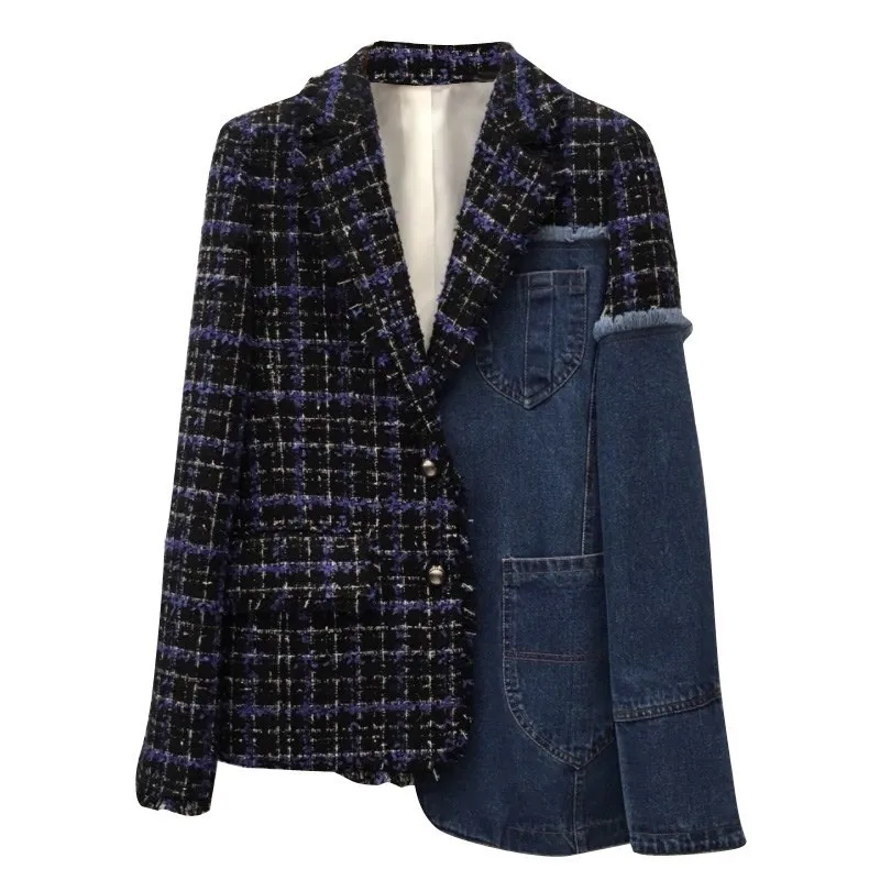 [EAM] новая весенняя джинсовая куртка в клетку с длинным рукавом и лацканами, необычная Свободная Женская куртка, модное пальто JI747