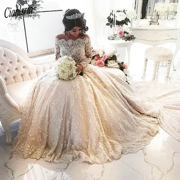 شراءفستان زفاف دانتيل عتيق كم طويل 2020 كاتدرائية المملكة العربية السعودية مسلم Vestido De Noiva رائعة مطرز بالخرز فساتين الزفاف