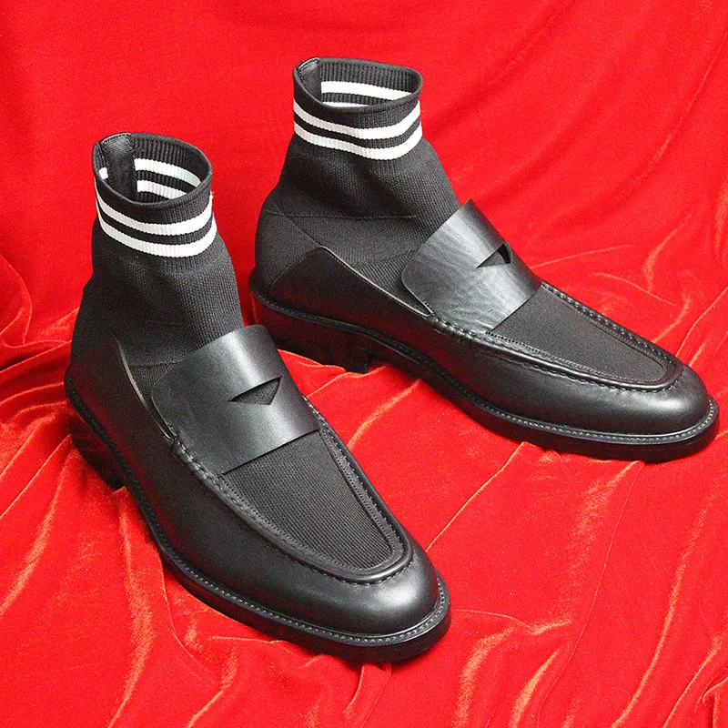 Для мужчин носок сапоги модные эластичные лоскутное Лоферы из натуральной кожи обувь Для мужчин осень-зима Повседневное Бизнес слипоны теплые хлопковые сапоги