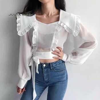 

Women Peter Pan Collar Crop Blouse with Ruffles Detail and Tie Back