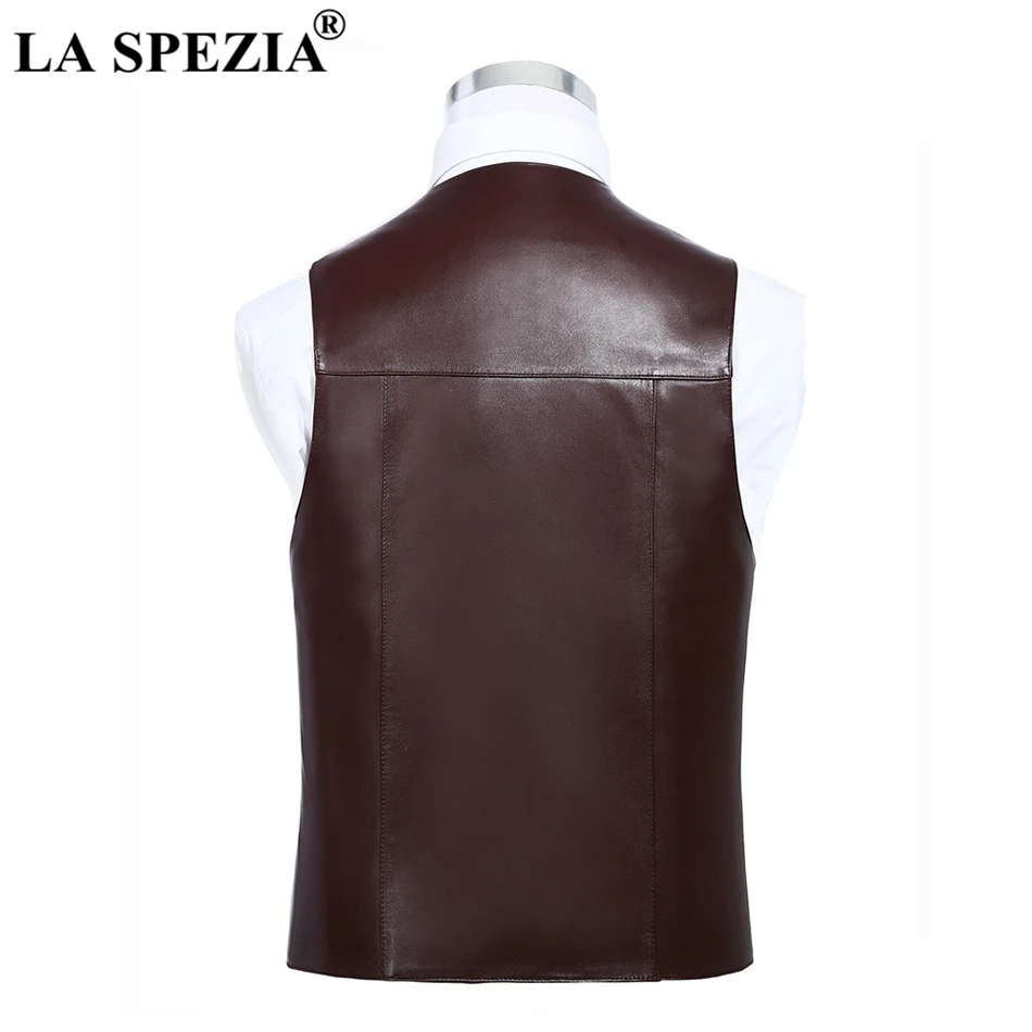 LA SPEZIA Mens Brown Vest Genuine Sheepskin Leather Waistcoat Male Business Luxury Slim Vintage Spring High Quality Gilet 4xl