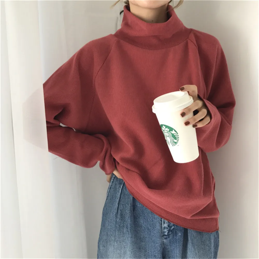 New Women Casual Loose Sweater Autumn Winter Turtleneck Knitted Jumpers Long Batwing Sleeve Crocheted Pullovers Streetwear - Цвет: Красный