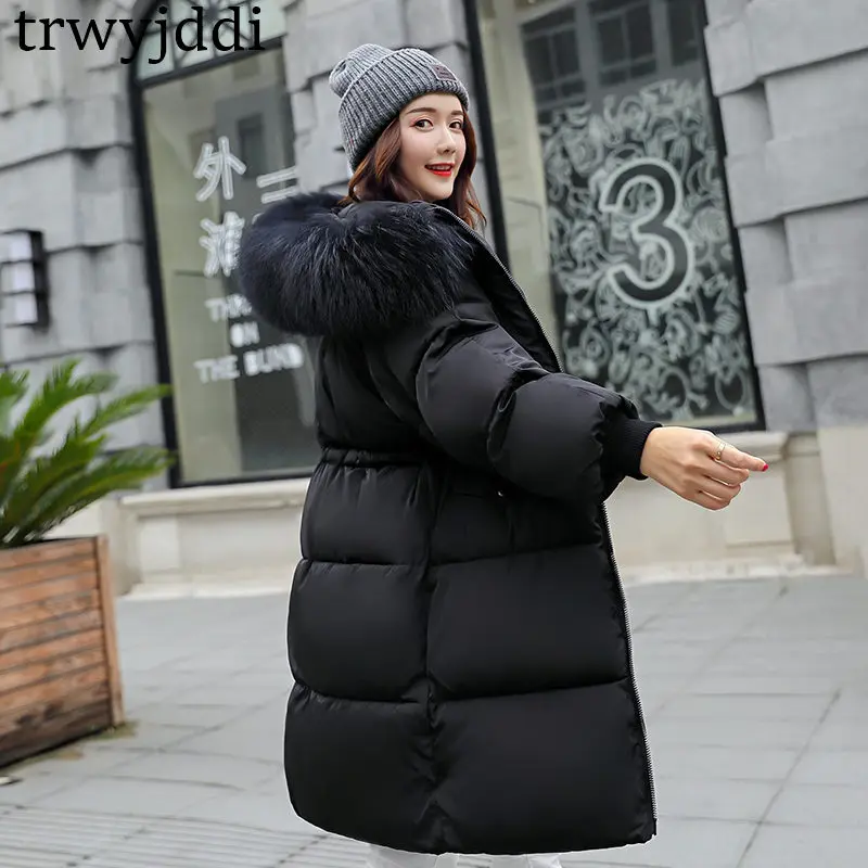 Новинка, женская одежда из хлопка, длинное зимнее приталенное тонкое хлопковое пальто, куртка с толстым большим меховым воротником, Свободные теплые парки, куртки A1124 - Цвет: black