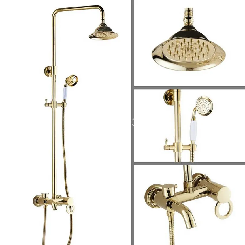

Polished Gold Color Brass Wall Mounted Bathroom Rainfall rain Shower Faucet Set Single Handle Bath Tub Water tap agf417