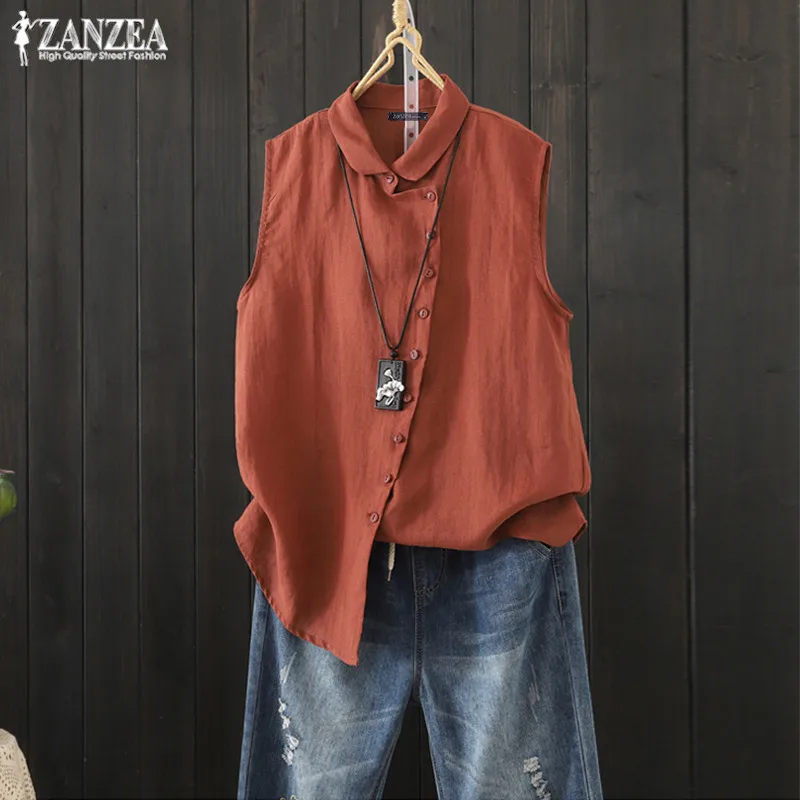 

Asymmetrical Button Blusas Women's Summer Linen Blouse 2019 ZANZEA Vintage Tunic Chemise Sleeveless Top Woman Plus Size Shirts
