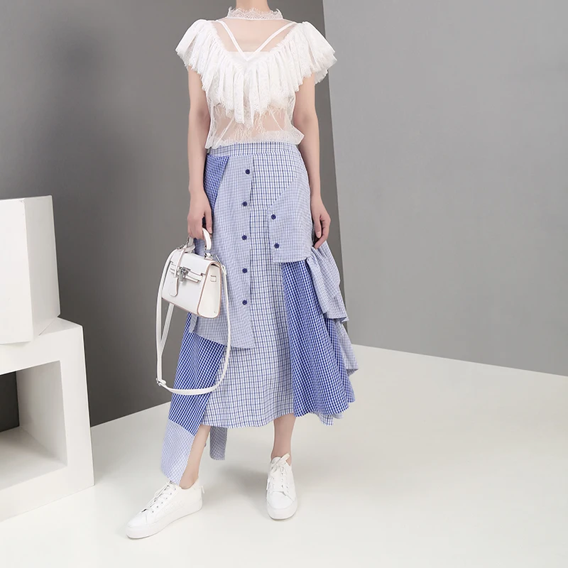 Korean Style Women Summer Asymmetrical Blue Striped Casual Skirt Ruffles Elastic Waist Ladies Stylish Skirt Robe Femme 5243