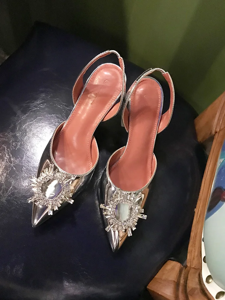 

Luxury Bling Crystal Sun Women Sandals Pointed Toe Back Strap Slip On Lady Shoes Solid Silver Black Leather Zapatos Clear Heels