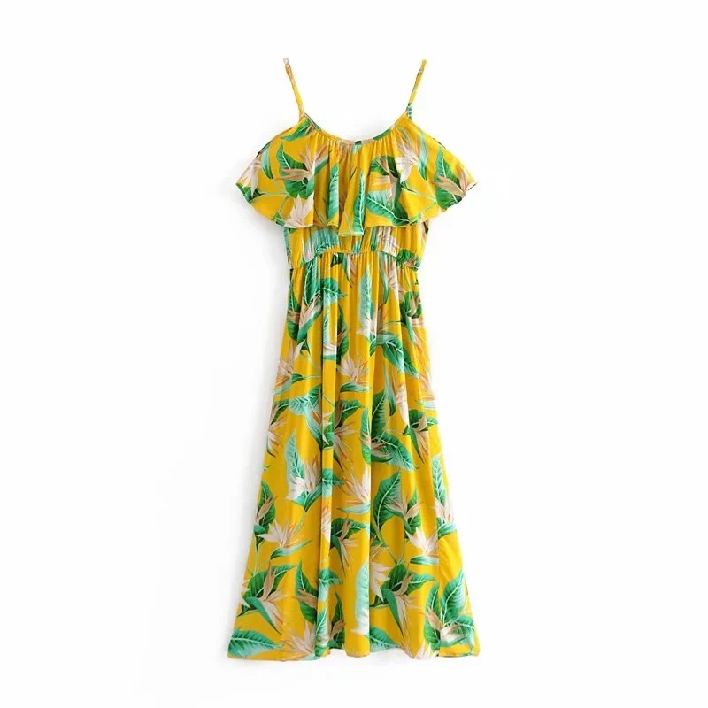 

Spaghetti Strap Women Floral Dress Summer Baggy Dress Women Elegant Knee-Length Casual Dress Vintage A-Line Beach Sundress
