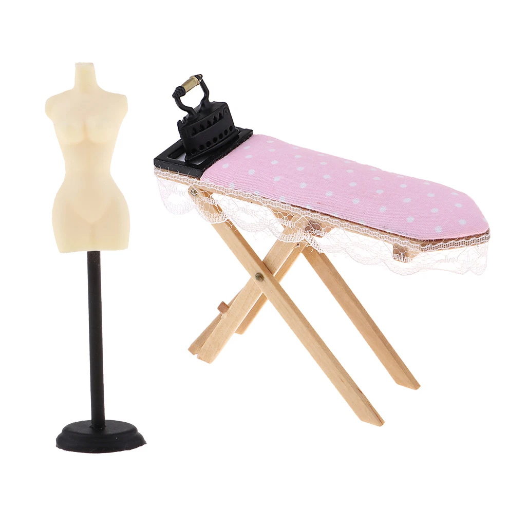 1:12 Dollhouse Miniature Doll Display Stand & Wooden Ironing Board Table with Vintage Metal Room Decor Laundry Room Furniture