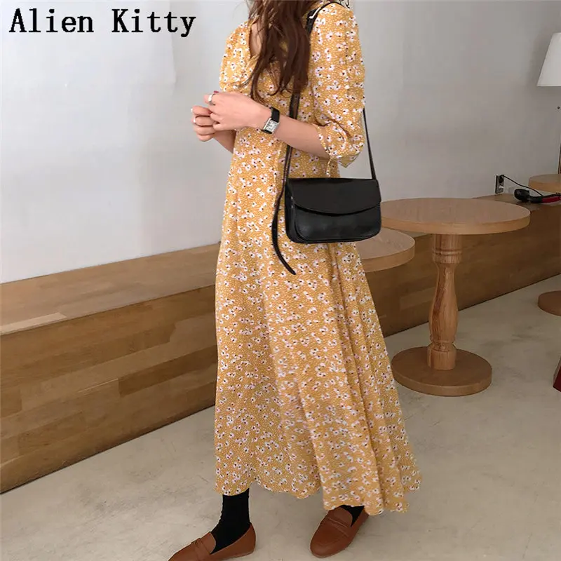 

Alien Kitty New Style Waist-Controlled Summer Print Empire V-Neck Short Sleeves Casual Vintage Fresh Yellow Ankle Length Dress