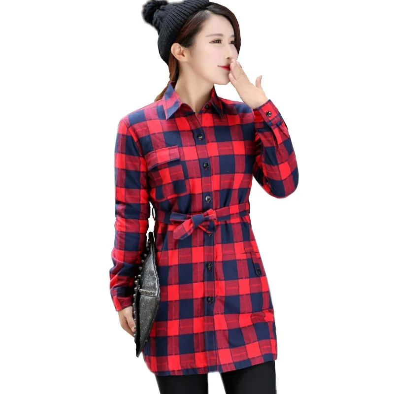 

Women Plaid flannel shirts Blusa Camisa Femininas winter cotton Full Thick velvet blouses Female Student Longer Shirt HS1596