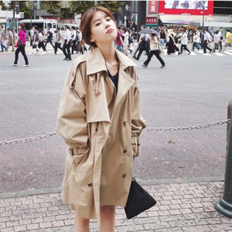 

NEW 2019 Autumn and winter Casual Double breasted Simple Classic Long Trench coat with belt Chic Female windbreaker