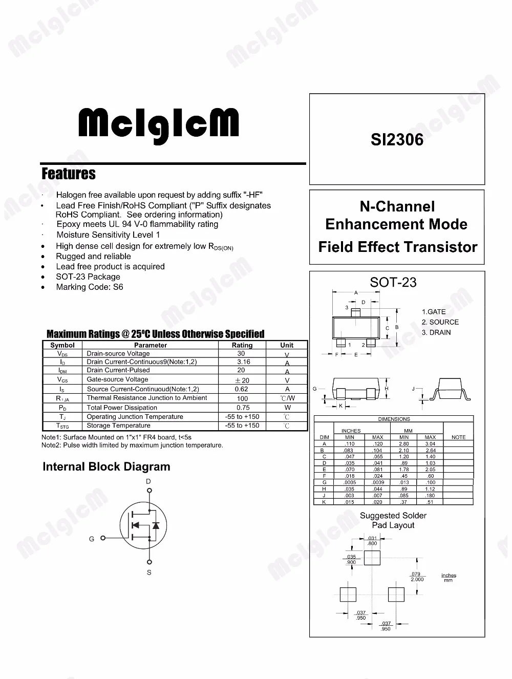 MCIGICM si2306,100pcs 30V 3.16A SMD mosfet transistor SOT-23 SI2306 MOSFET N-CH SOT23-3