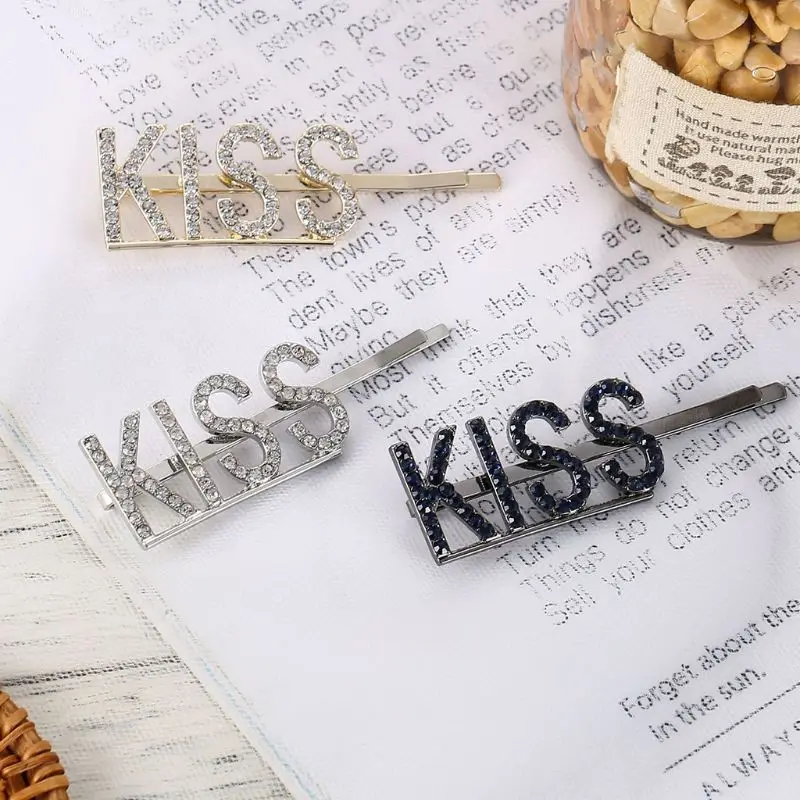 

Minimalist Love Kiss Capital Letters One Word Hairpins Women Metal Alloy Glitter Rhinestone Hair Clip Party DIY Styling Barrette