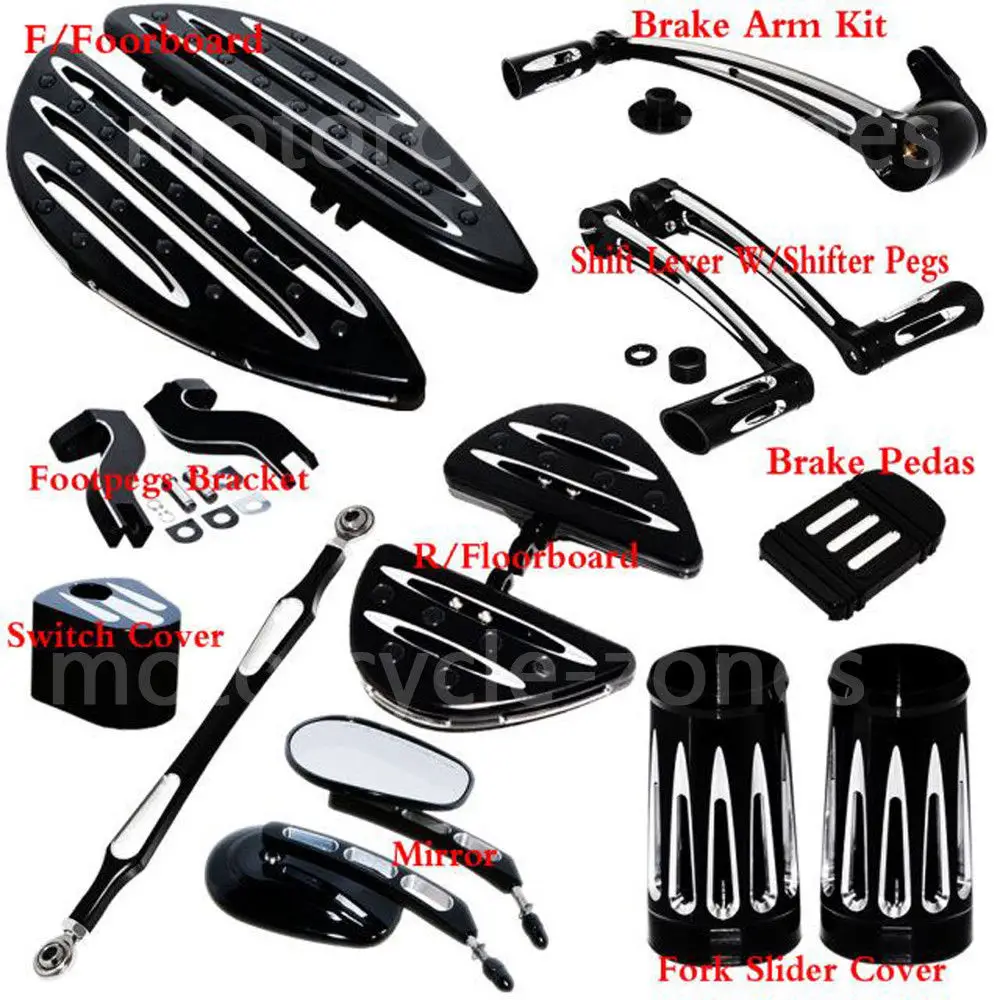 

F&R Driver Floorboard & Pedal + Heel Toe Shift Lever + Linkage + Rearview Mirrors+Fork Shock Slide Set For Harley Touring Models
