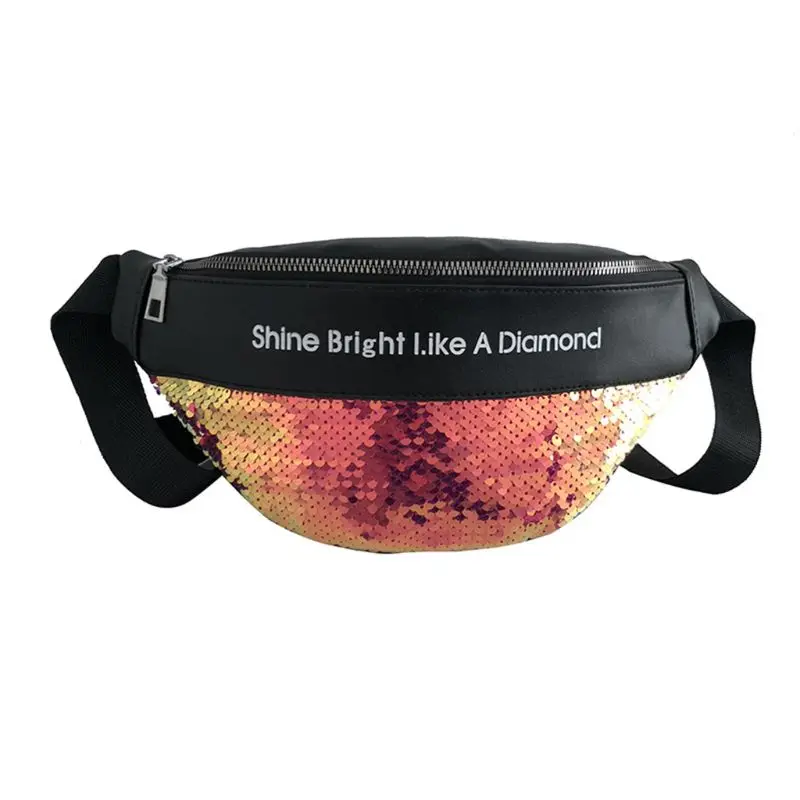 

Good Quality New PU Leather Women Sequins Fanny Pack with Letter Printed Fashion Waist Pack Chest Bag