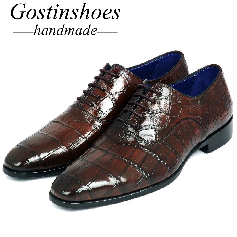 

GOSTINSHOES HANDMADE Goodyear Welted Luxury Brown Genuine Crocodile Mens Dress Formal Shoes Men Lace-Up Pointed Toe SCF15