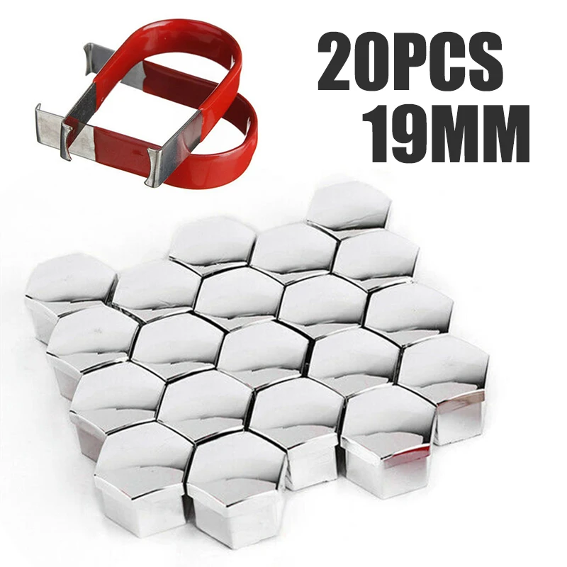 20pcs 19mm Car Alloy Wheel Nut Bolt Covers Caps Chrome Silver + 2pcs Clips Removal Tool