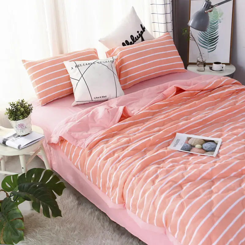 

New Pink Stripe Printing Cotton Summer Air Conditioner Cool Thin Quilt Washed Comfortable Home Textile Bedding Comforters Duvets