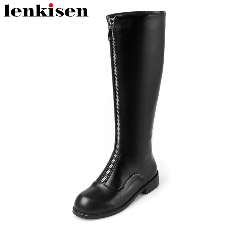 

Lenkisen autumn winter cow leather zipper round toe thick low heels black colour movie stars big size women knee-high boots L38