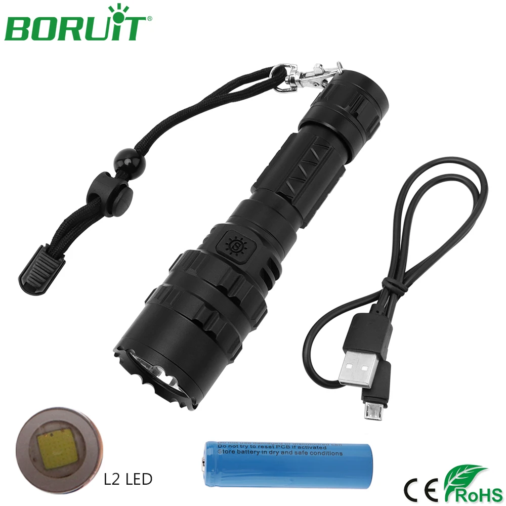 

BORUiT Super Bright XM-L2 LED Flashlight USB Rechargeable Portable Lantern Waterproof Tactical Camping Hunting Torch Light 18650
