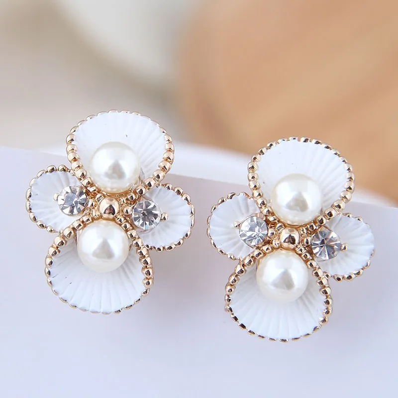 2019 New Trend Hot Sale Jewelry Korea Fashion Pearl Crystal Four Leaves Rose Stud Earrings Zircon | Украшения и аксессуары