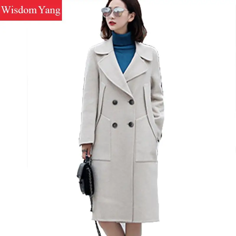 

Beige Black Khaki Elegant Women Sheep Wool Coats Trench Winter Lady Loose Windbreaker Female Long Woolen Overcoat Coat Outerwear