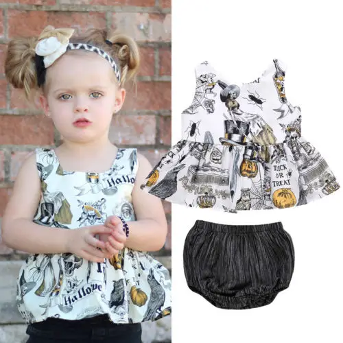 

2018 New Fashion Newborn Baby Girls Halloween Summer Outfits Sleeveless Backless Vest Dress Tops Striped Shorts 2Pcs Cute 0-24M