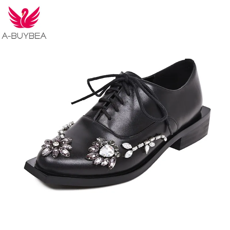 

A-BUYBEA Women Real Leather Crystal Pumps Lace Up Round Toe Shoes Women Fashion Thick Party Wedding Footwear Size 34-39